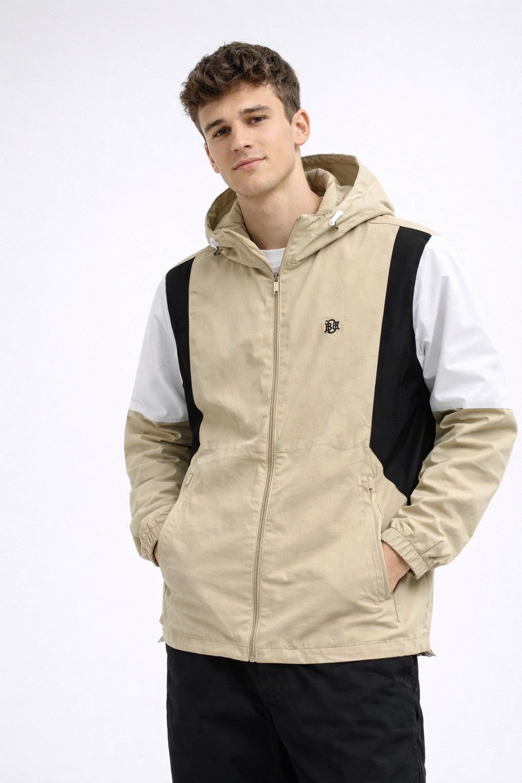 Desert sand hooded windbreaker jacket with black and white panel sleeves