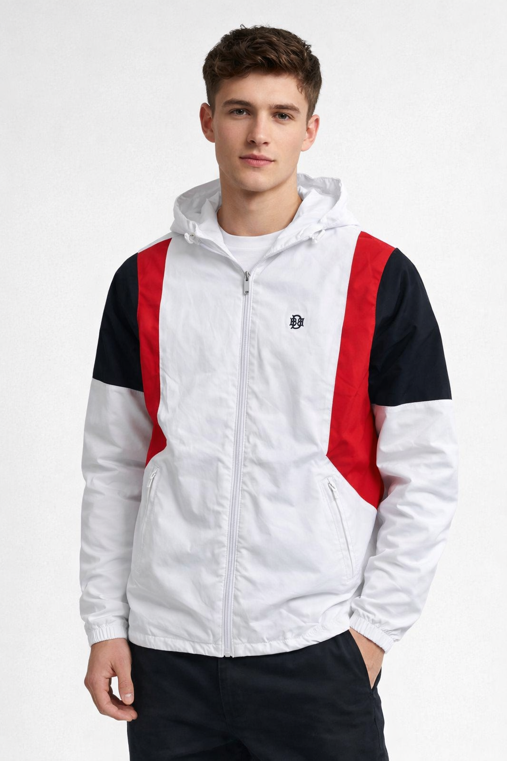 White hooded windbreaker with red/black panels, full zip front, chest logo