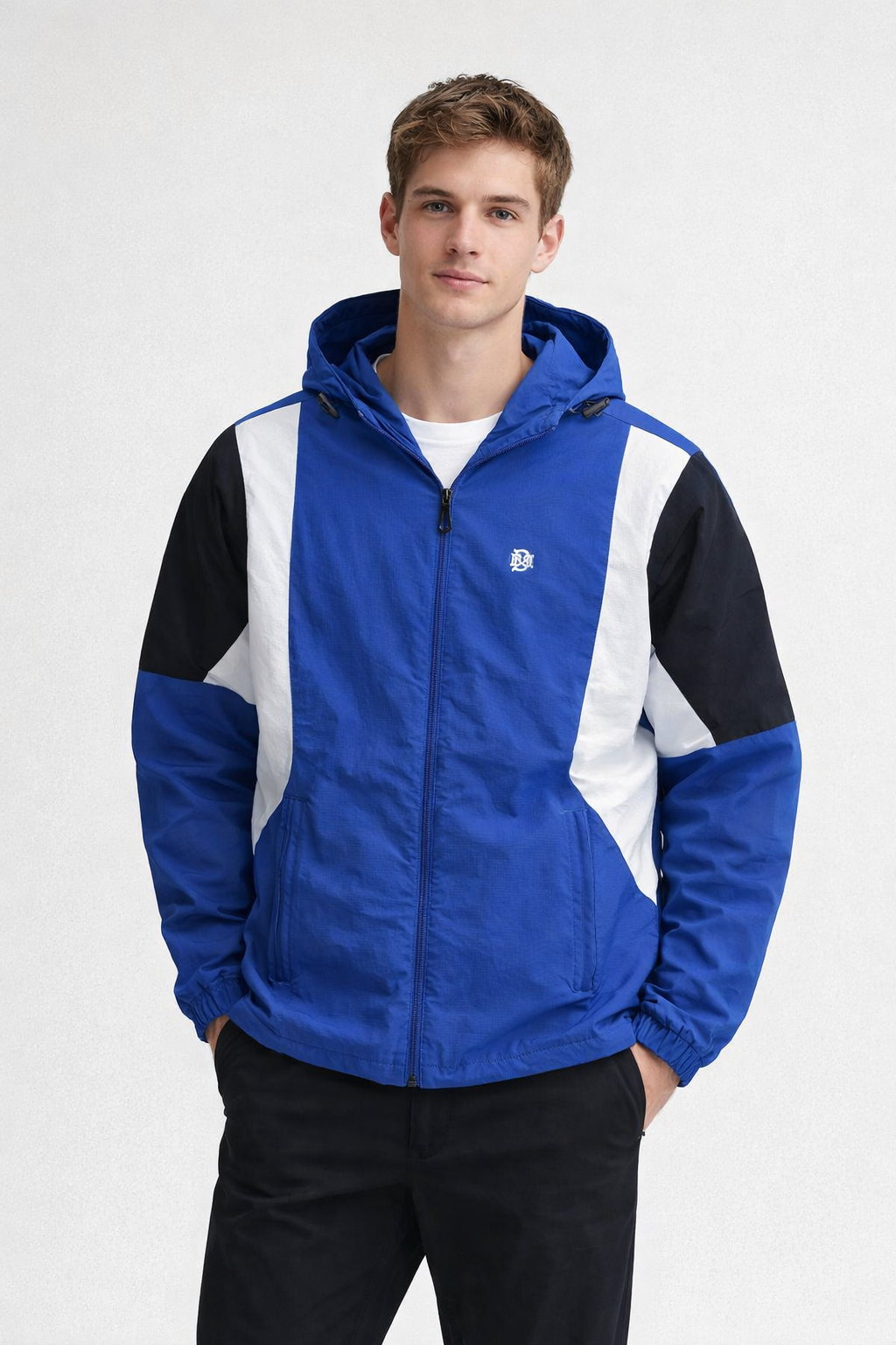 Royal blue hooded windbreaker with black sleeves and white panel stripes