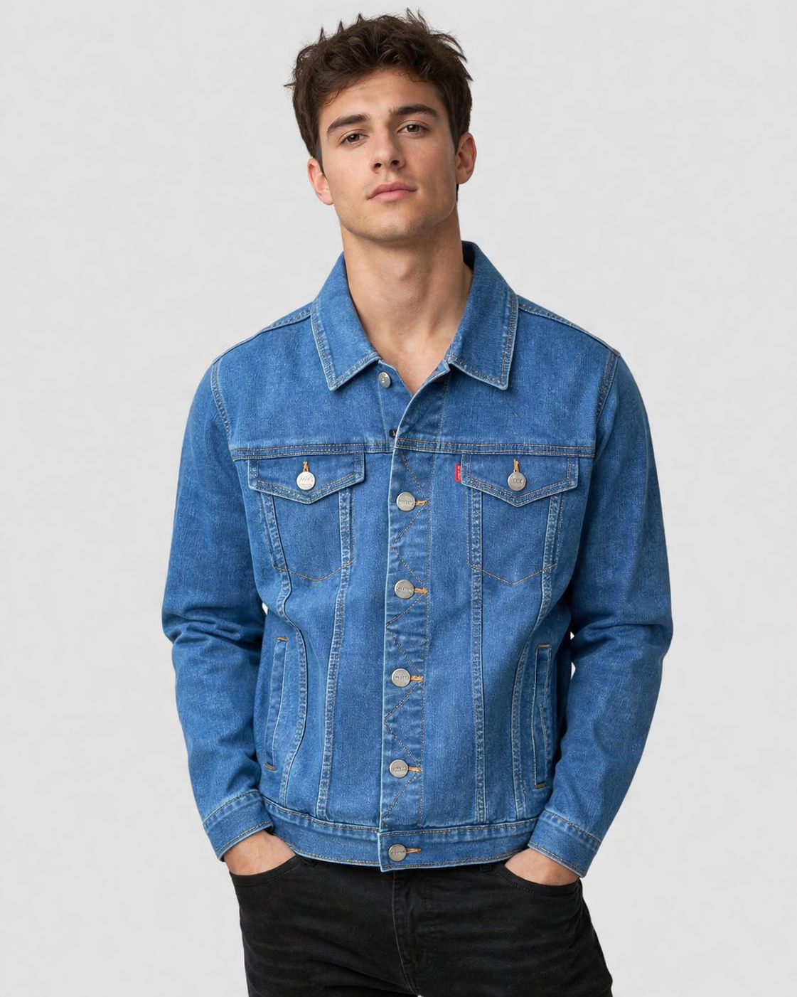 Medium-wash denim trucker jacket with button front and flap chest pockets