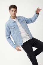 Light-wash denim trucker jacket with buttoned front, spread collar, chest pockets.