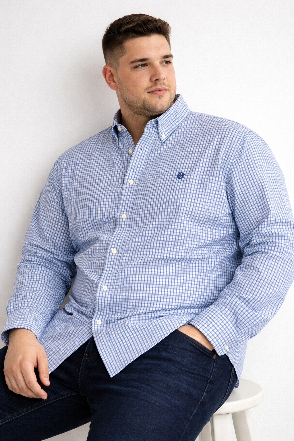 Sky blue micro-check button-up shirt, plus size fit with pointed collar