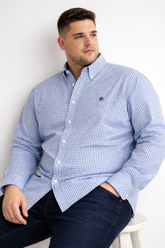 Plus Size Sky Blue Micro-Check Shirt - Premium Cotton Comfort Fit (3XL - 5XL)