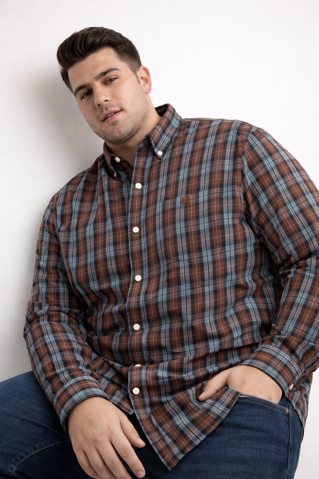 Plaid button-up shirt in tan and slate grey, long sleeves, button placket