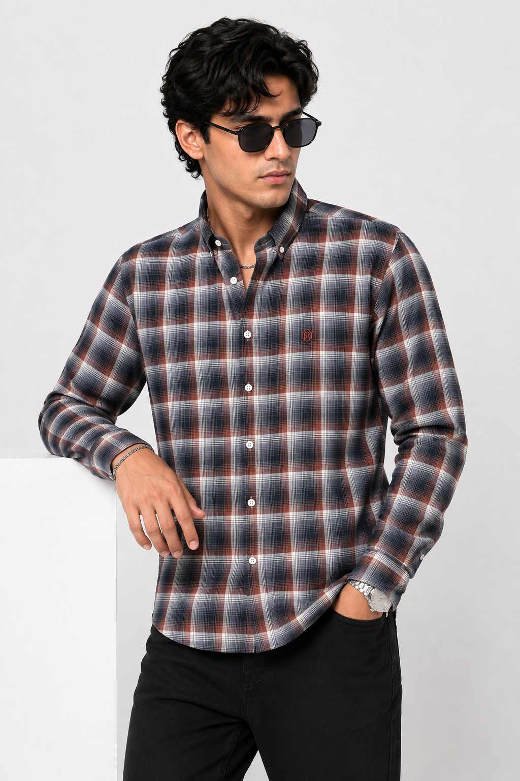 Men's Rust & Slate Navy Checked Shirt | Premium Casual Cotton Shirt | Bradbird