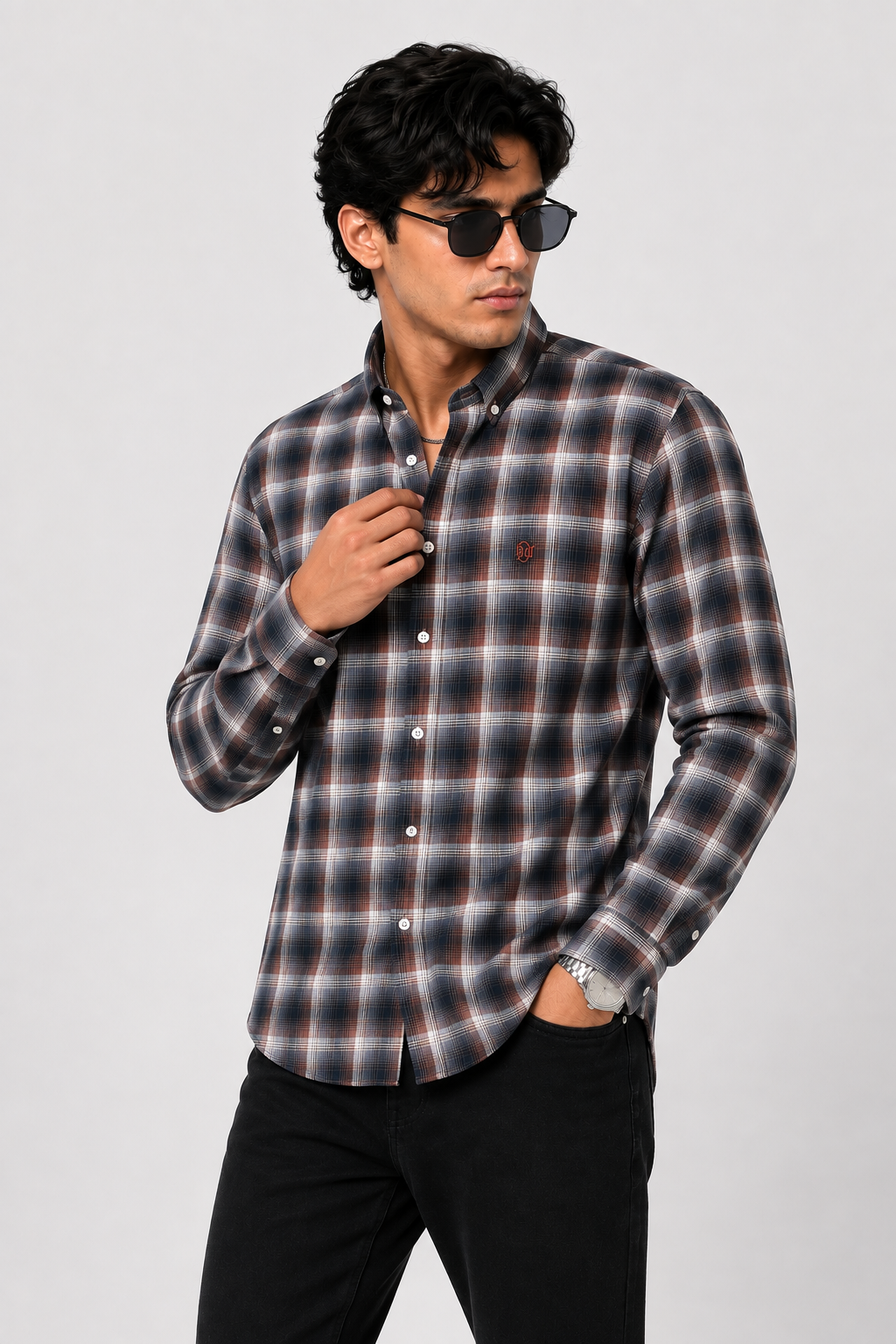 Men's Rust & Slate Navy Checked Shirt | Premium Casual Cotton Shirt | Bradbird