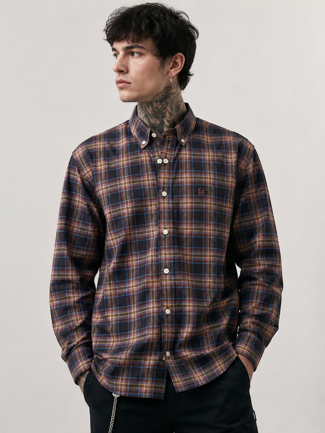 Charcoal & Warm Tan Checked Shirt | Premium Cotton Shirt | Bradbird
