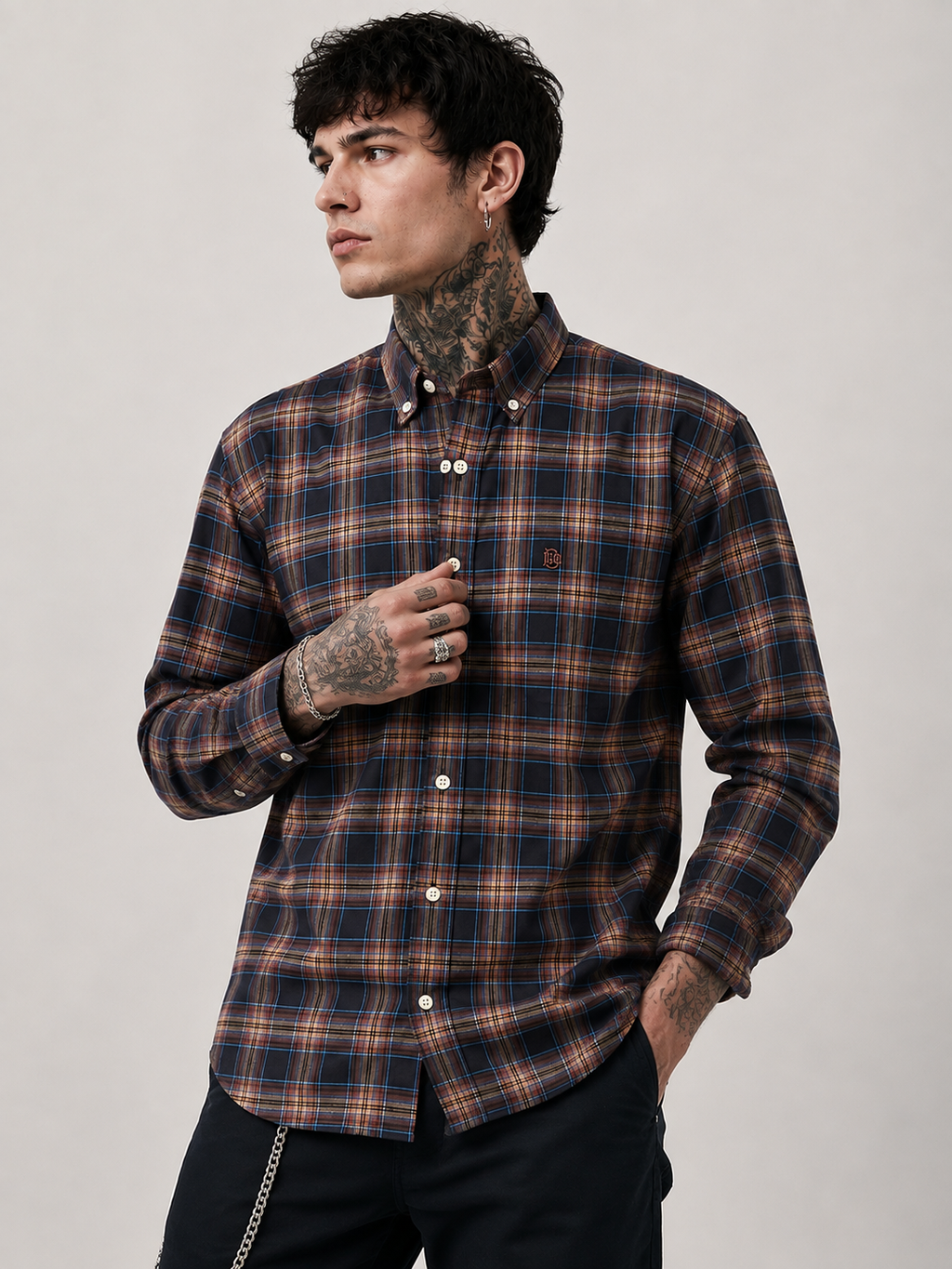 Charcoal & Warm Tan Checked Shirt | Premium Cotton Shirt | Bradbird