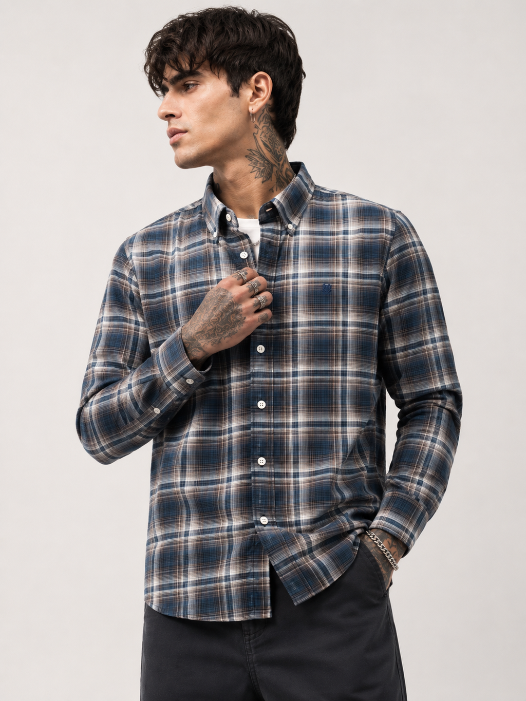 Charcoal & Warm Tan Checked Shirt | Premium Cotton Shirt | Bradbird