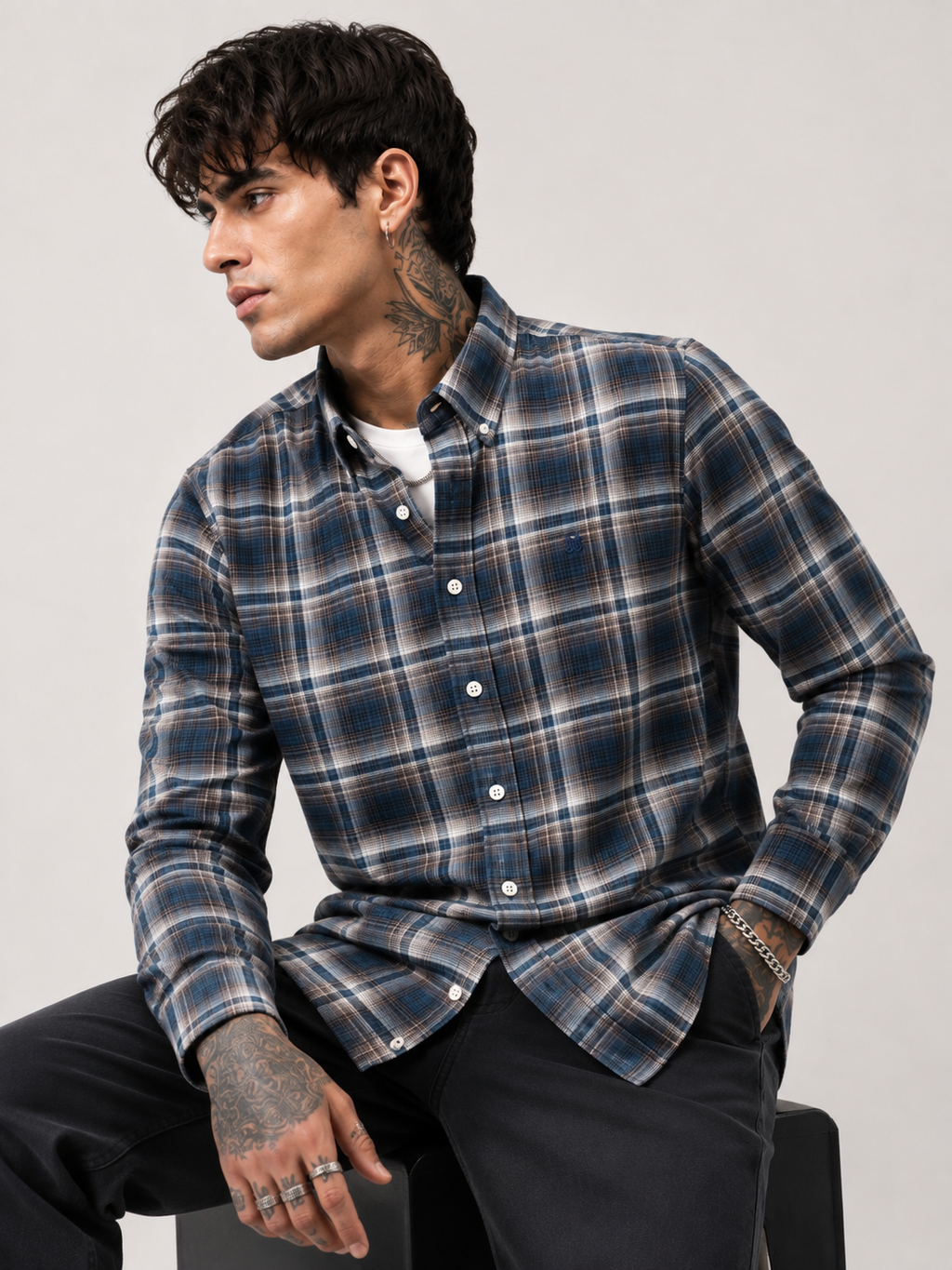 Charcoal & Warm Tan Checked Shirt | Premium Cotton Shirt | Bradbird