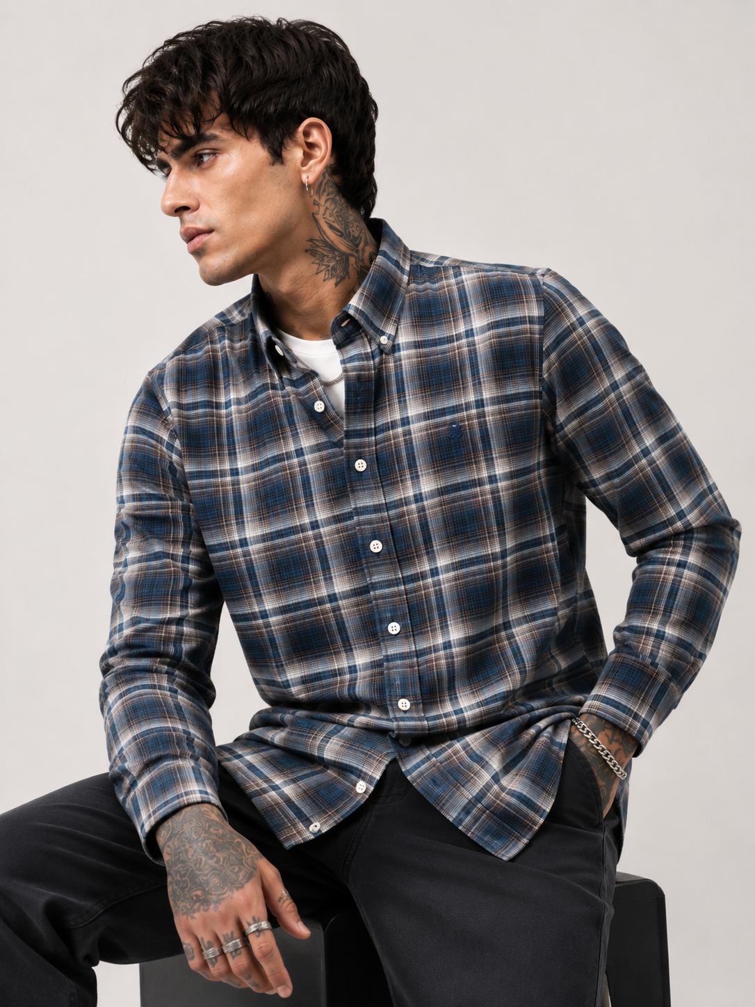 Charcoal & Warm Tan Checked Shirt | Premium Cotton Shirt | Bradbird
