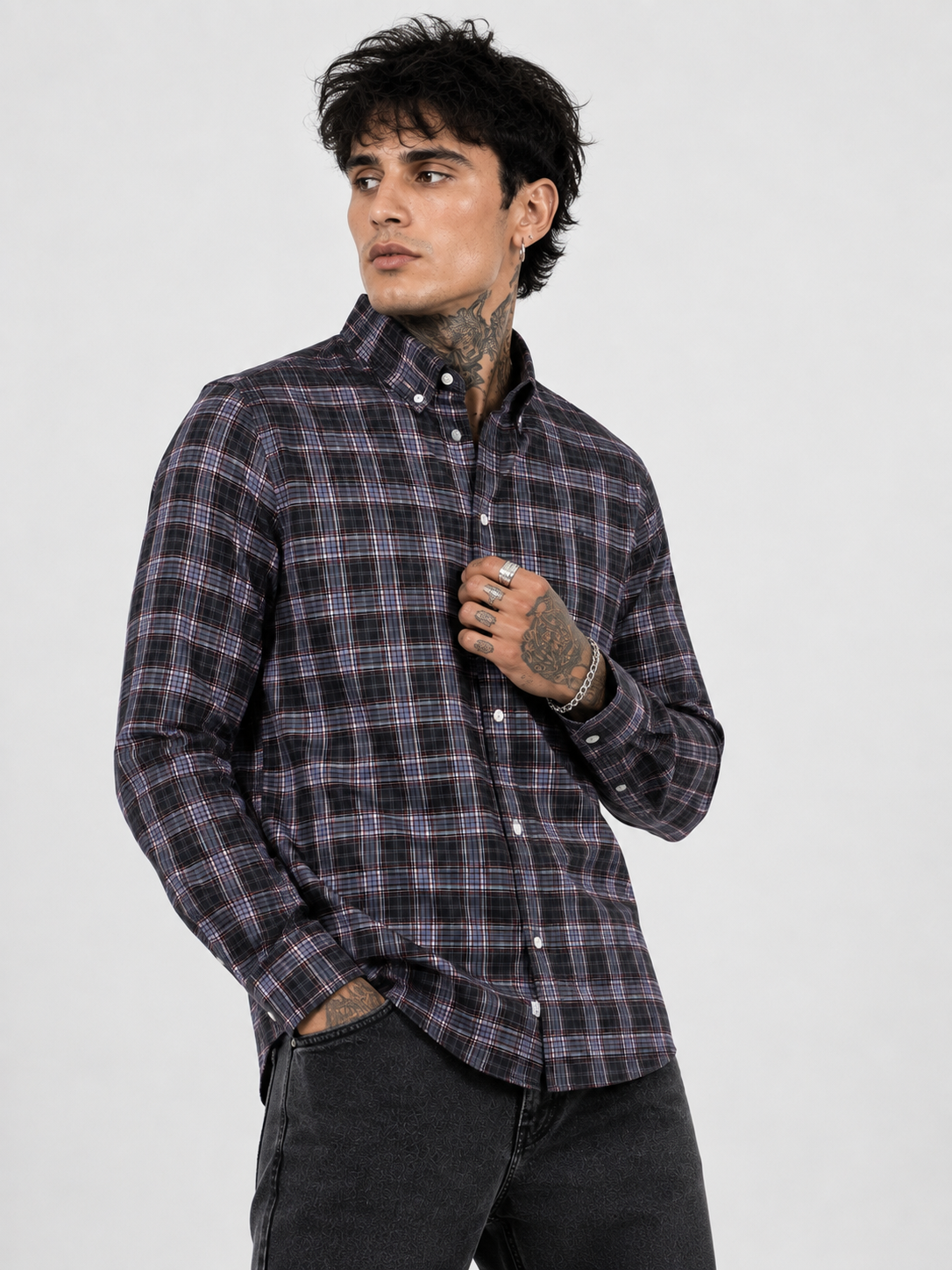 Slate Blue & Charcoal Checked Shirt | Premium Cotton Shirt | Bradbird