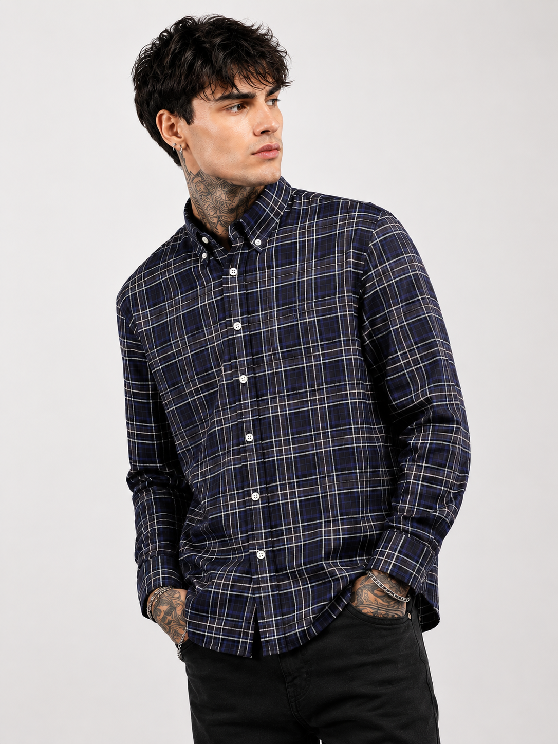 Midnight Navy & Ice Blue Checked Shirt | Premium Cotton Shirt | Bradbird