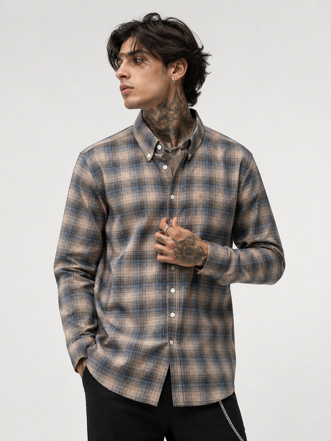 Beige & Steel Blue Checked Shirt | Premium Cotton Shirt | Bradbird