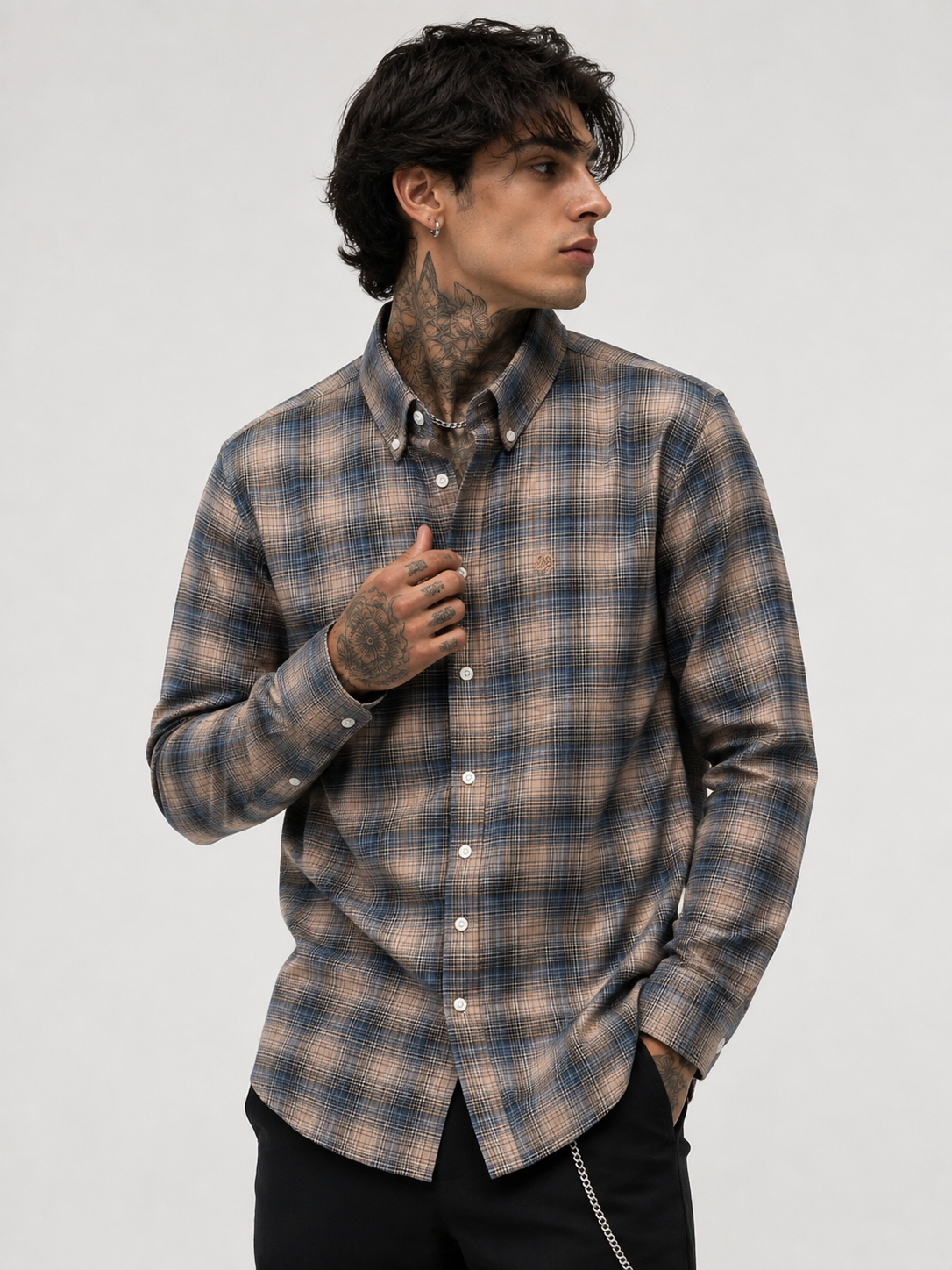 Beige & Steel Blue Checked Shirt | Premium Cotton Shirt | Bradbird