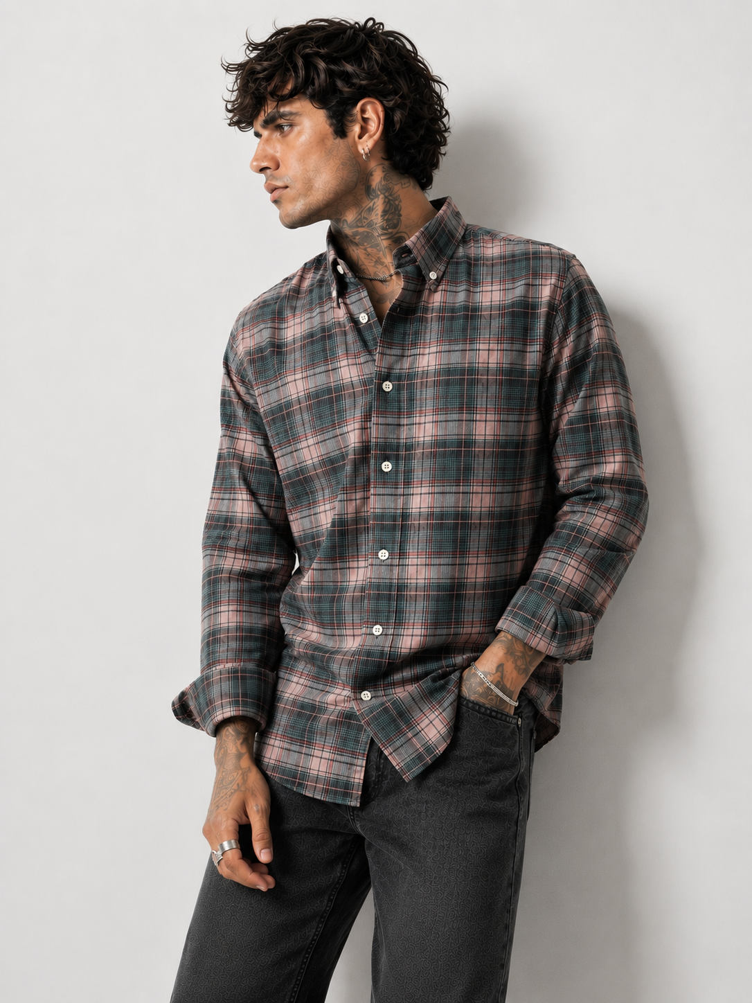 Forest Green & Dusty Pink Checked Shirt | Premium Cotton Shirt | Bradbird