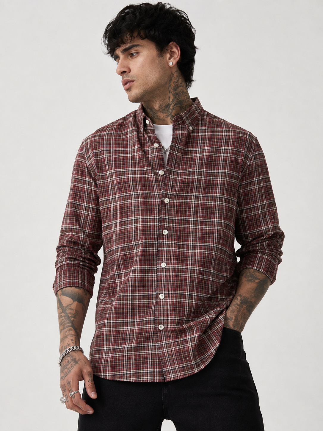Brick Red & Cream Checked Shirt | Premium Cotton Casual Shirt | Bradbird