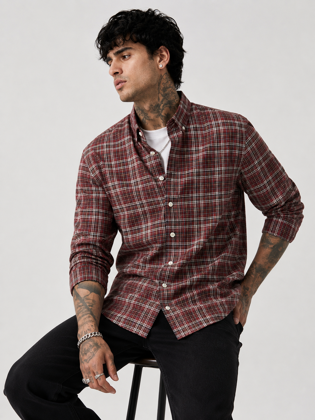 Brick Red & Cream Checked Shirt | Premium Cotton Casual Shirt | Bradbird