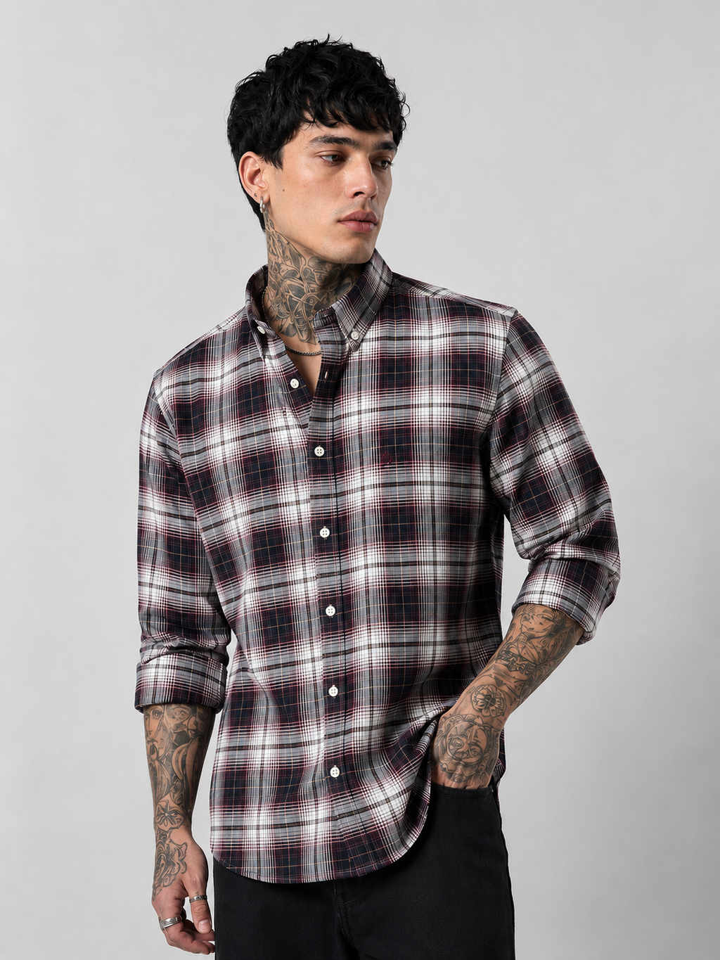 Off-White & Navy Checked Shirt | Premium Cotton Casual Shirt | Bradbird