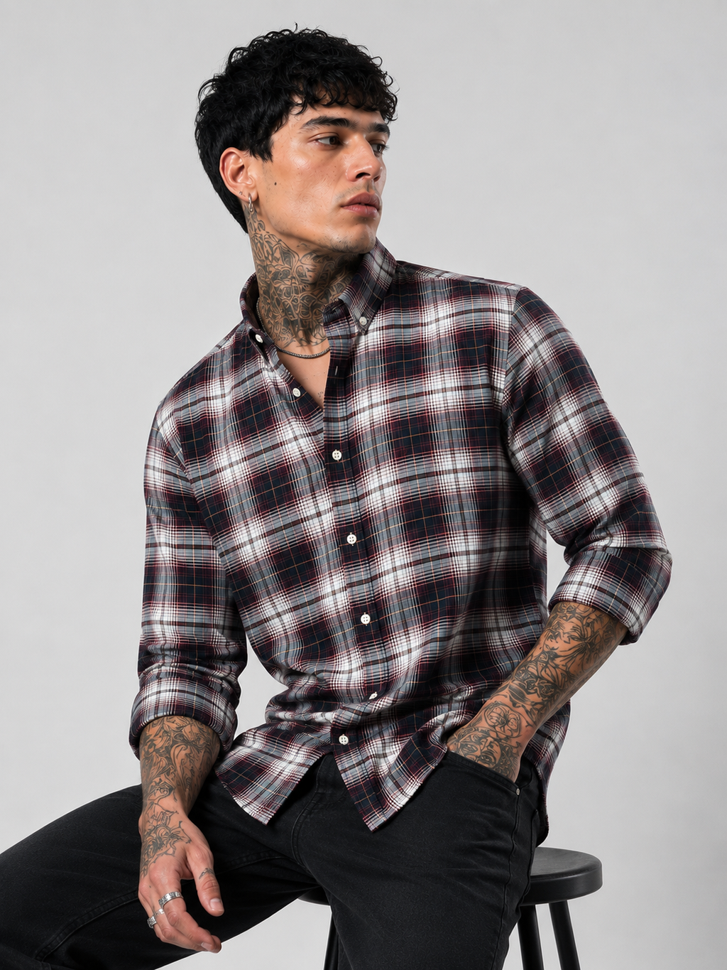 Off-White & Navy Checked Shirt | Premium Cotton Casual Shirt | Bradbird