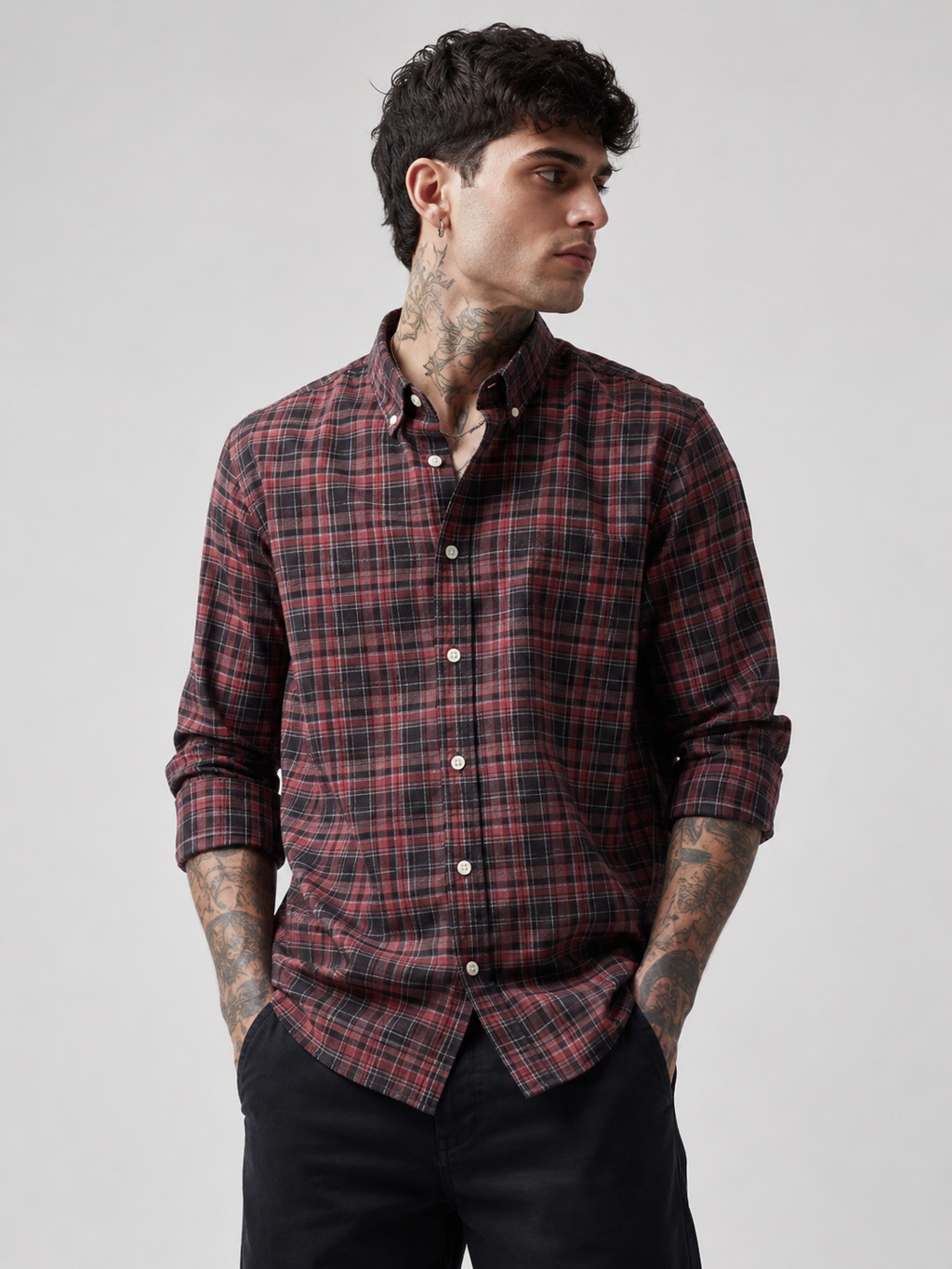 Burgundy & Charcoal Checked Shirt | Premium Cotton Casual Shirt | Bradbird
