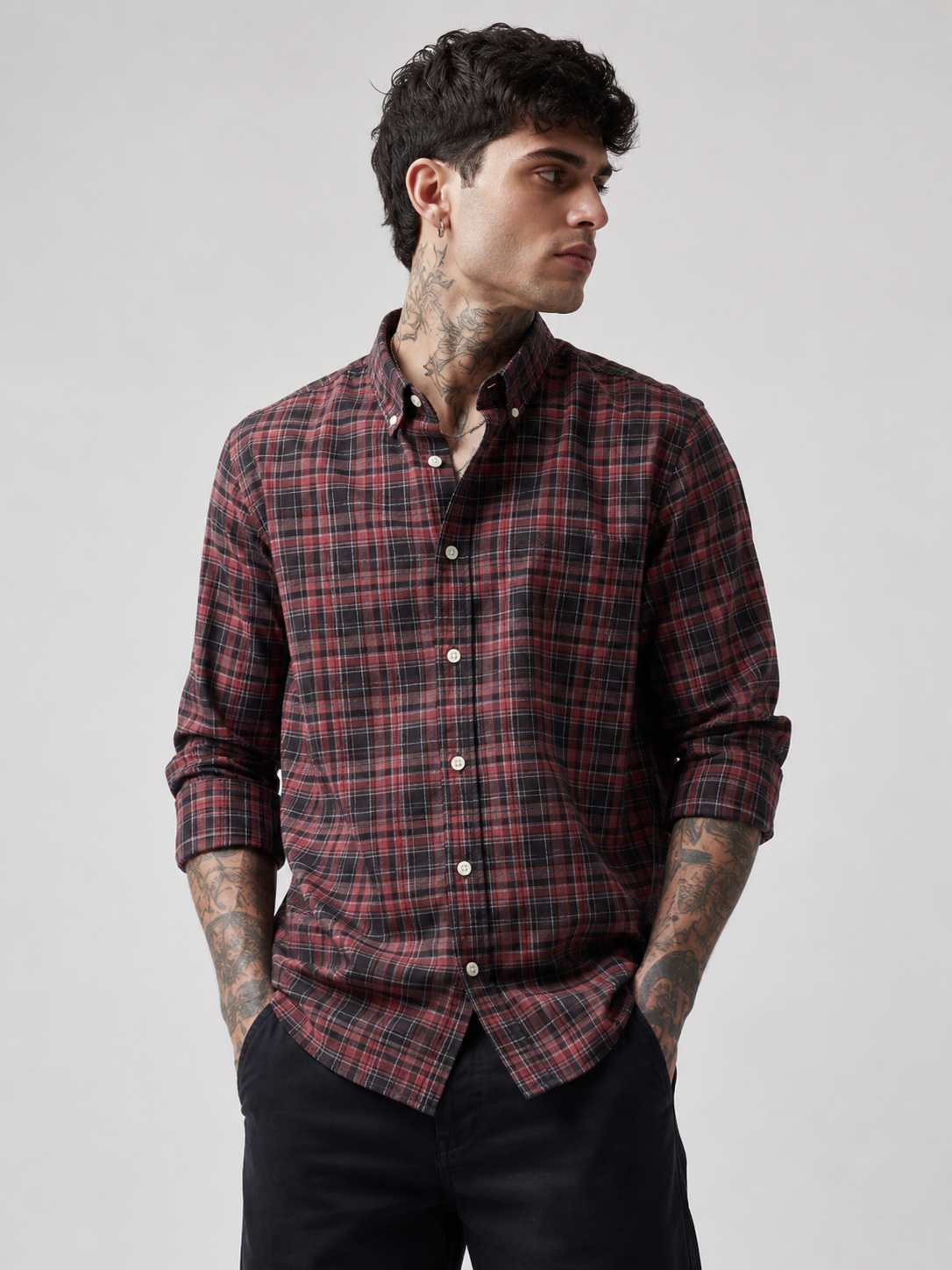 Burgundy & Charcoal Checked Shirt | Premium Cotton Casual Shirt | Bradbird
