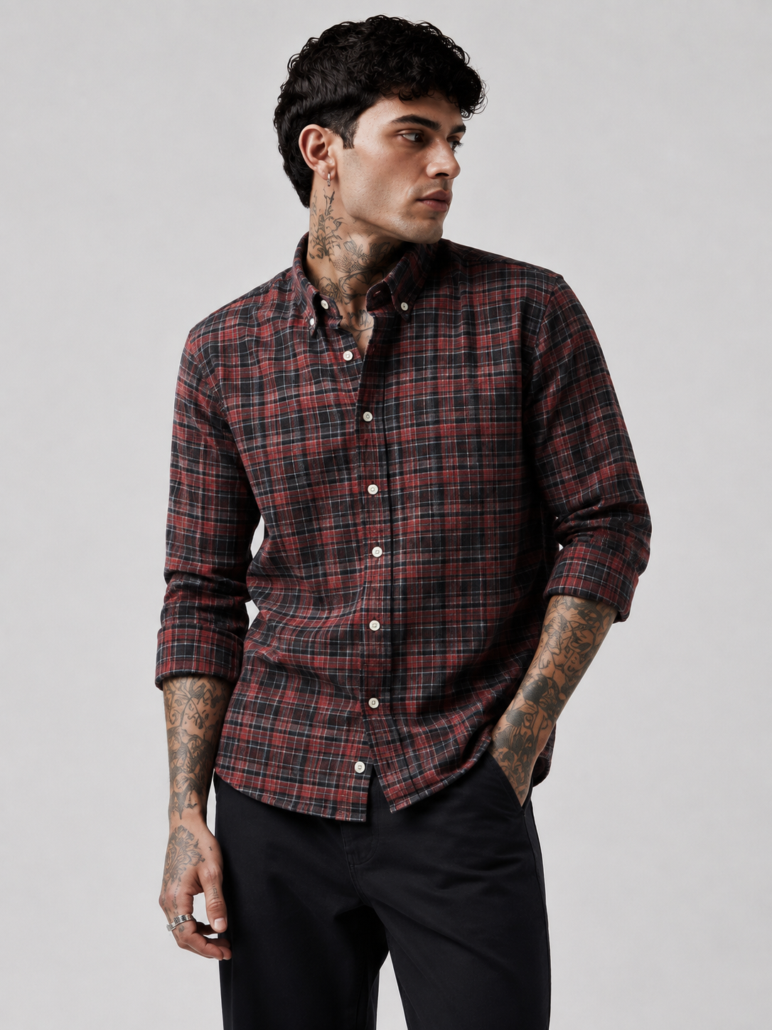 Burgundy & Charcoal Checked Shirt | Premium Cotton Casual Shirt | Bradbird