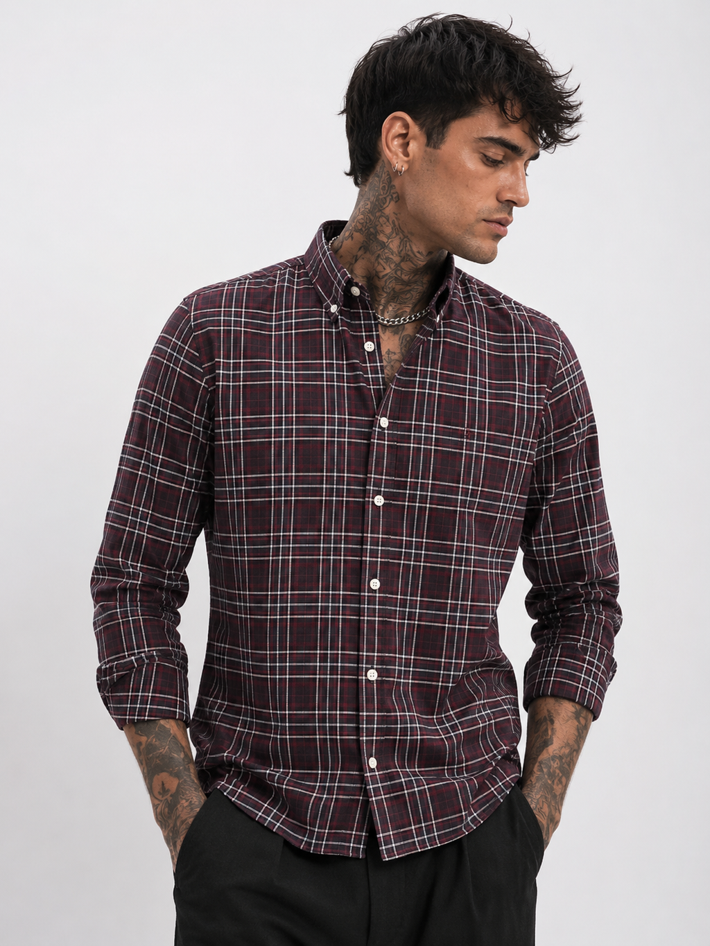 Maroon & Charcoal Checked Shirt | Premium Cotton Shirt | Bradbird