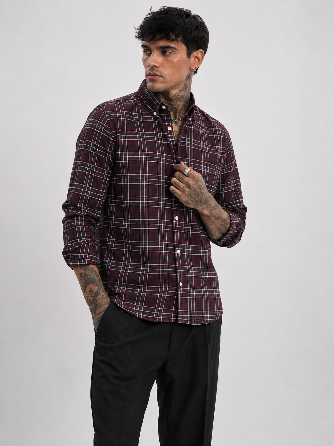 Maroon & Charcoal Checked Shirt | Premium Cotton Shirt | Bradbird
