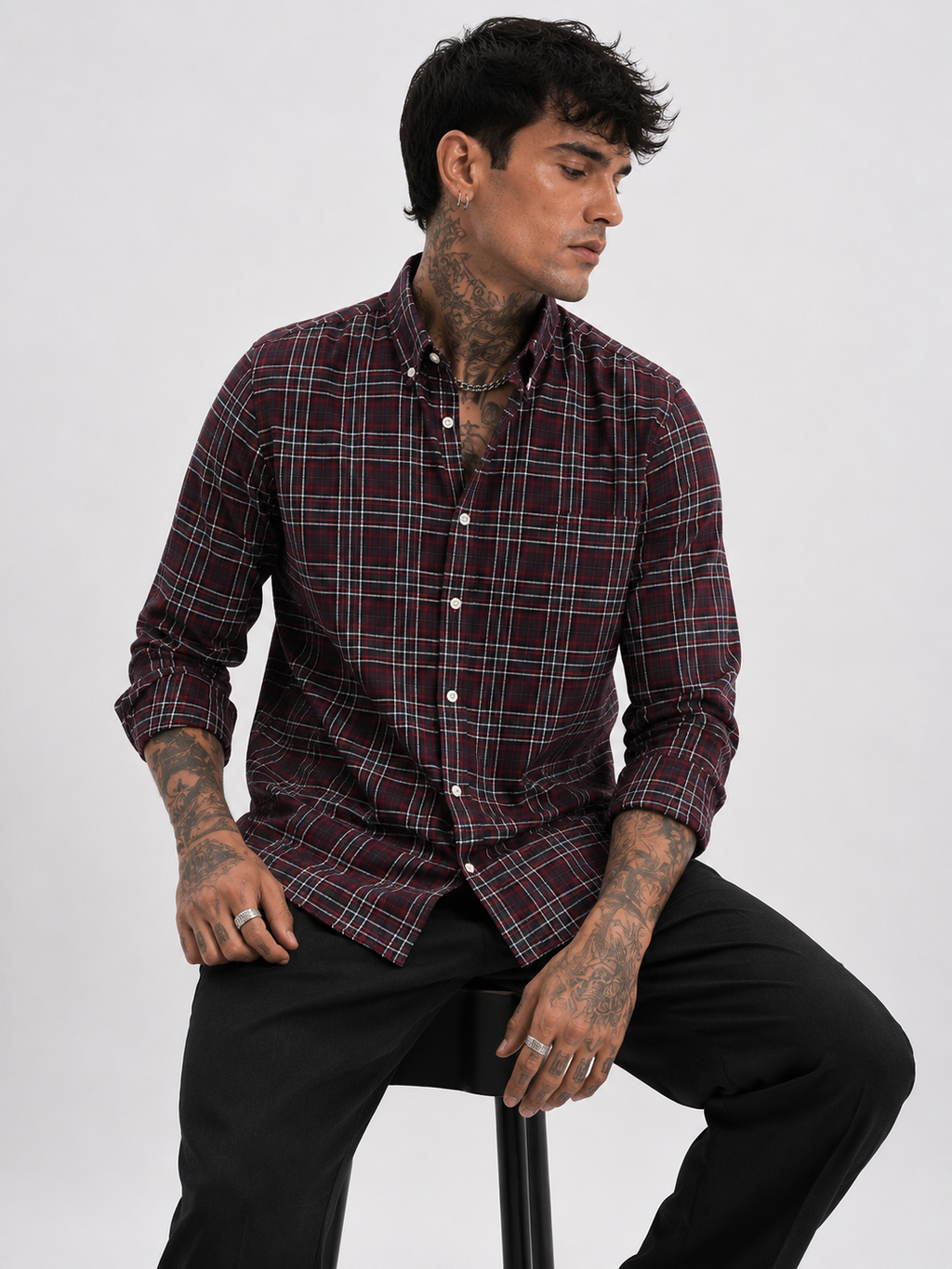 Maroon & Charcoal Checked Shirt | Premium Cotton Shirt | Bradbird