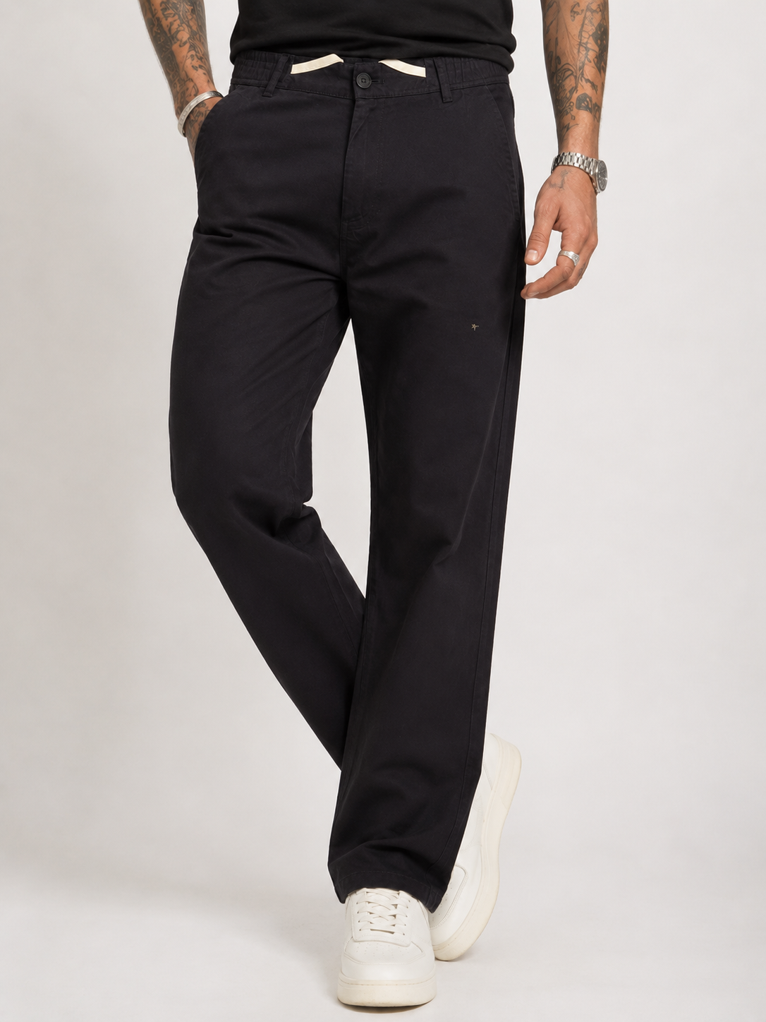 Straight Fit Drawstring Cotton Trousers