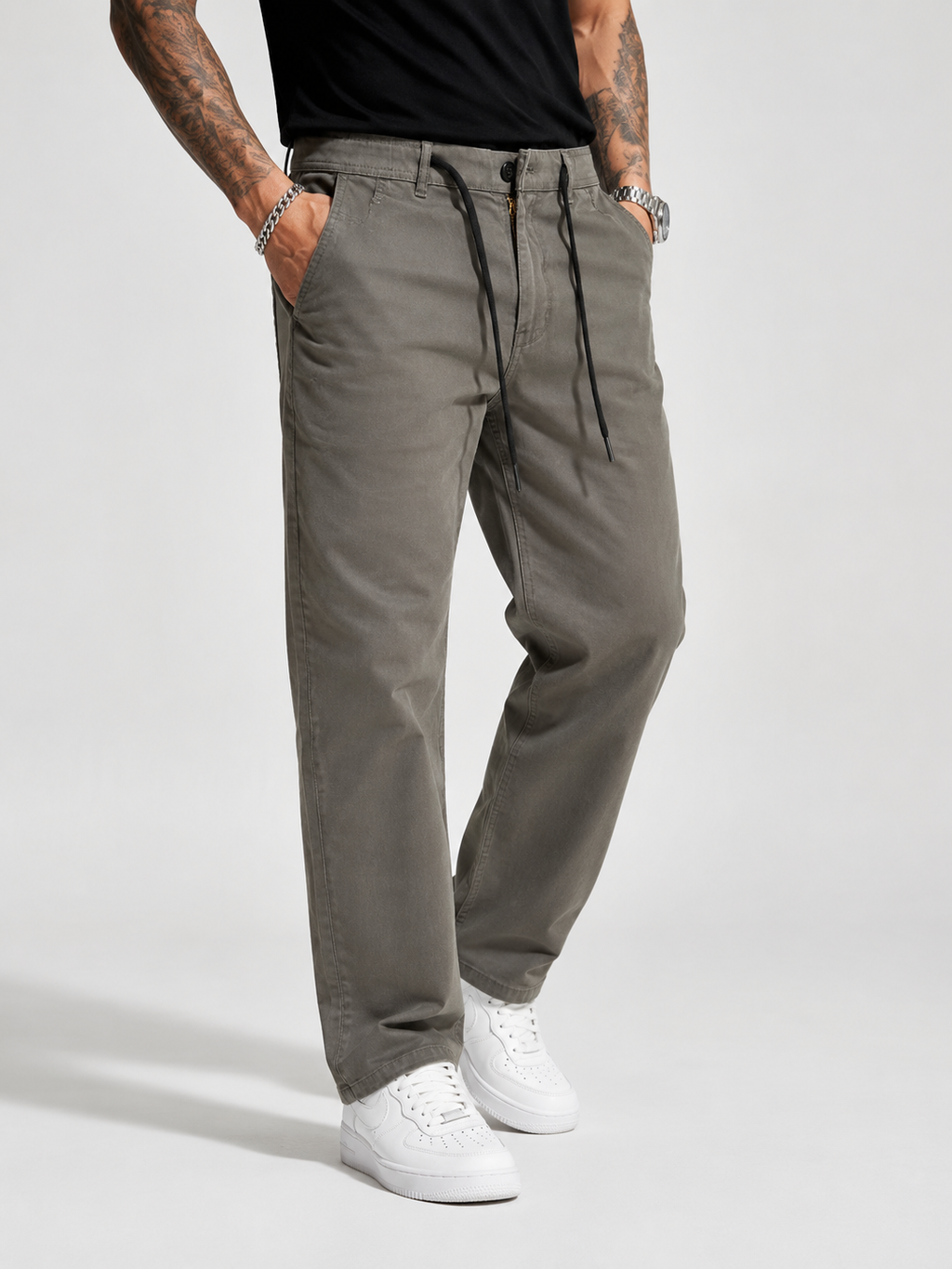 Straight Fit Drawstring Cotton Trousers