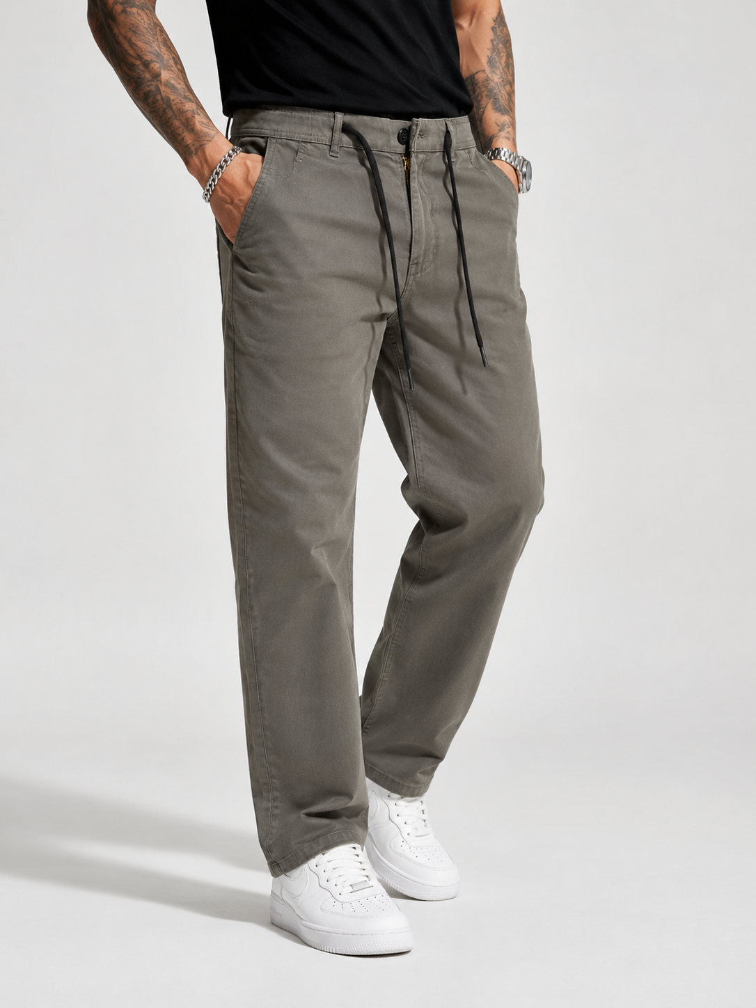 Straight Fit Drawstring Cotton Trousers