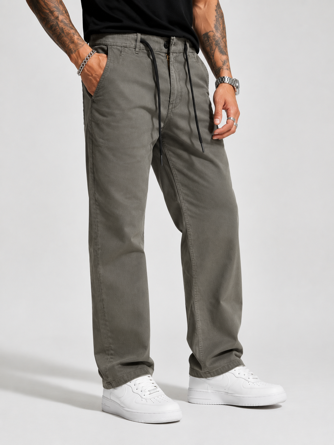 Straight Fit Drawstring Cotton Trousers