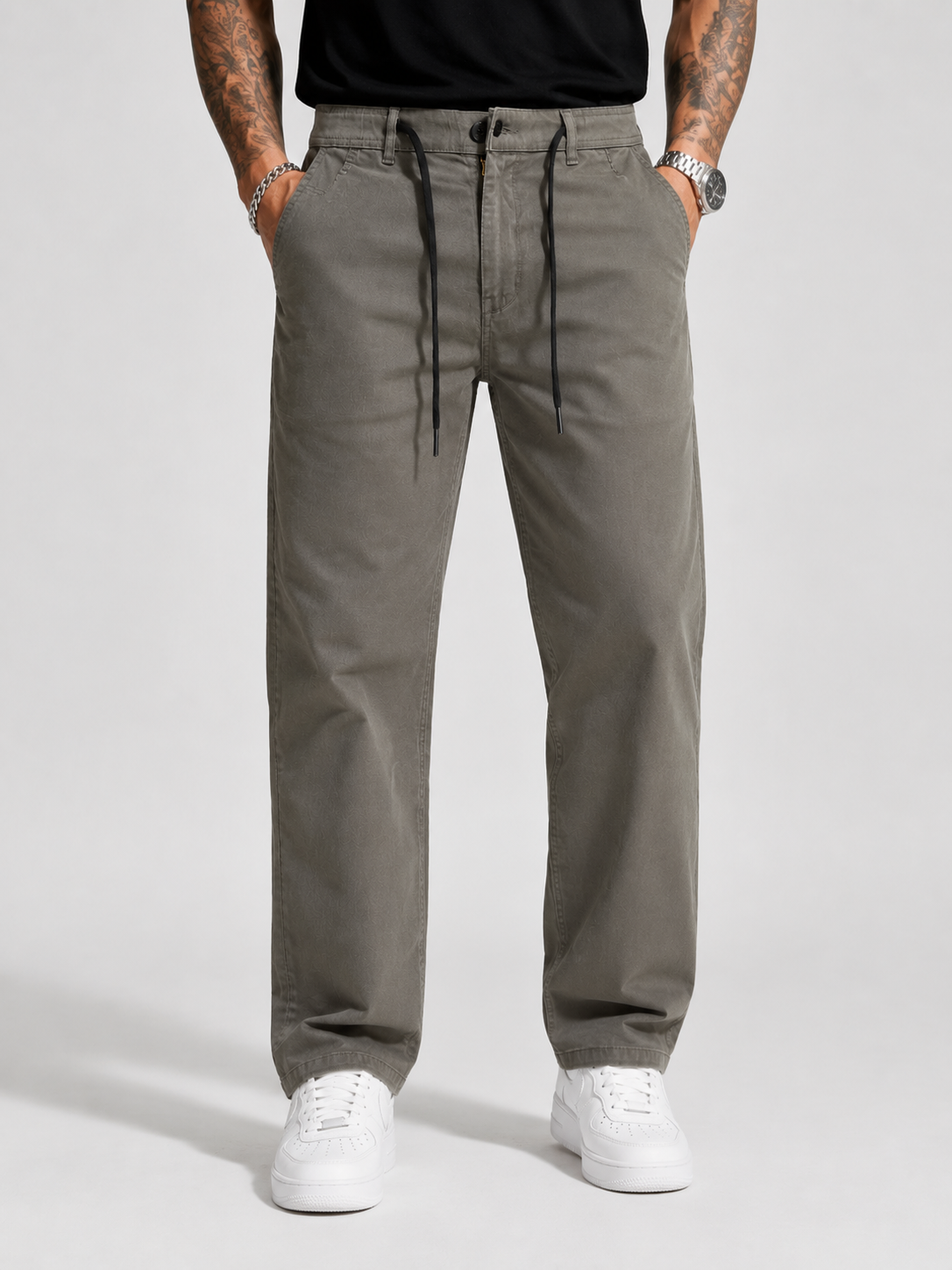 Straight Fit Drawstring Cotton Trousers