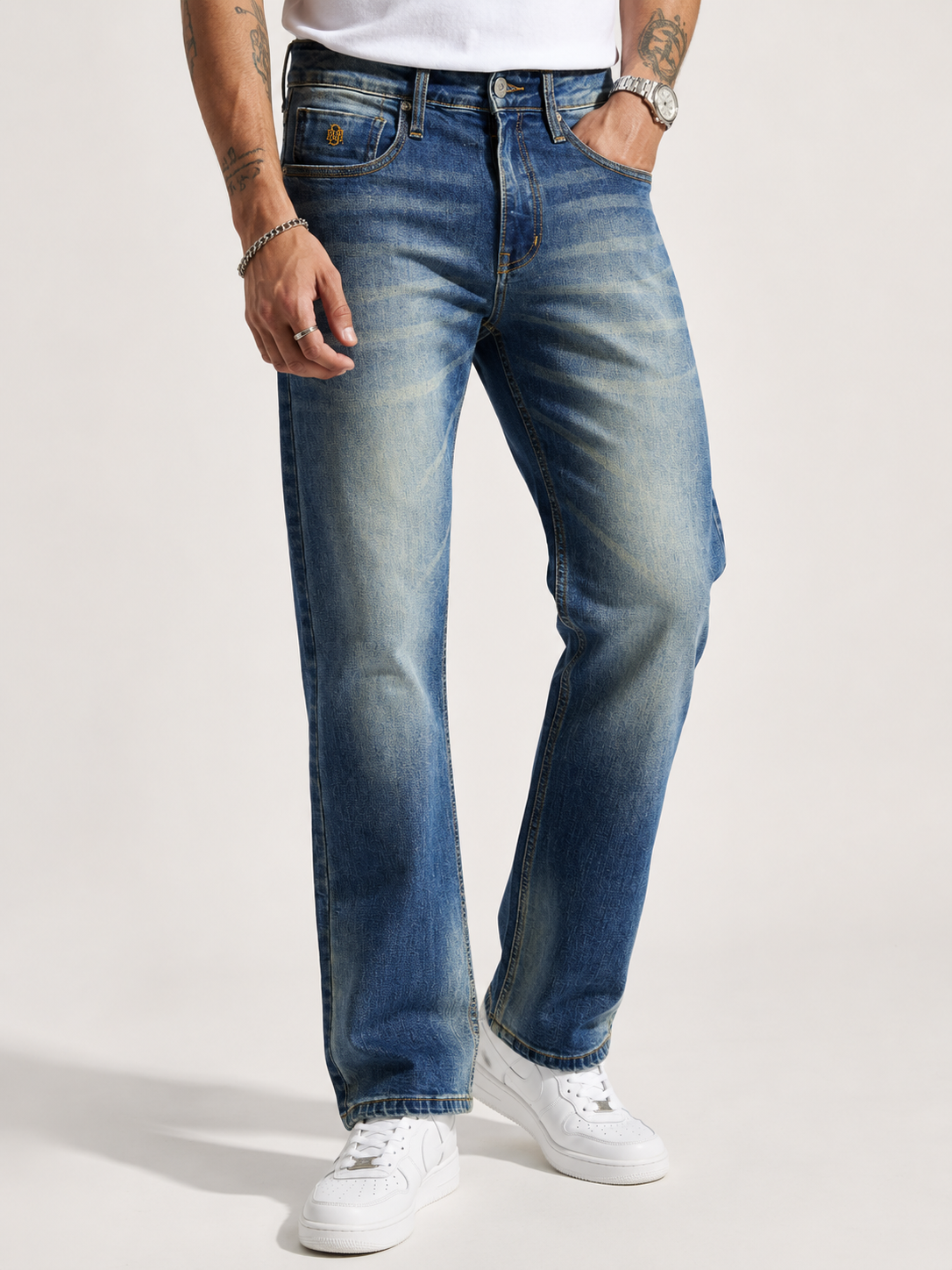 Mid-Blue Vintage Faded Straight Fit Denim Jeans | Premium Casuals
