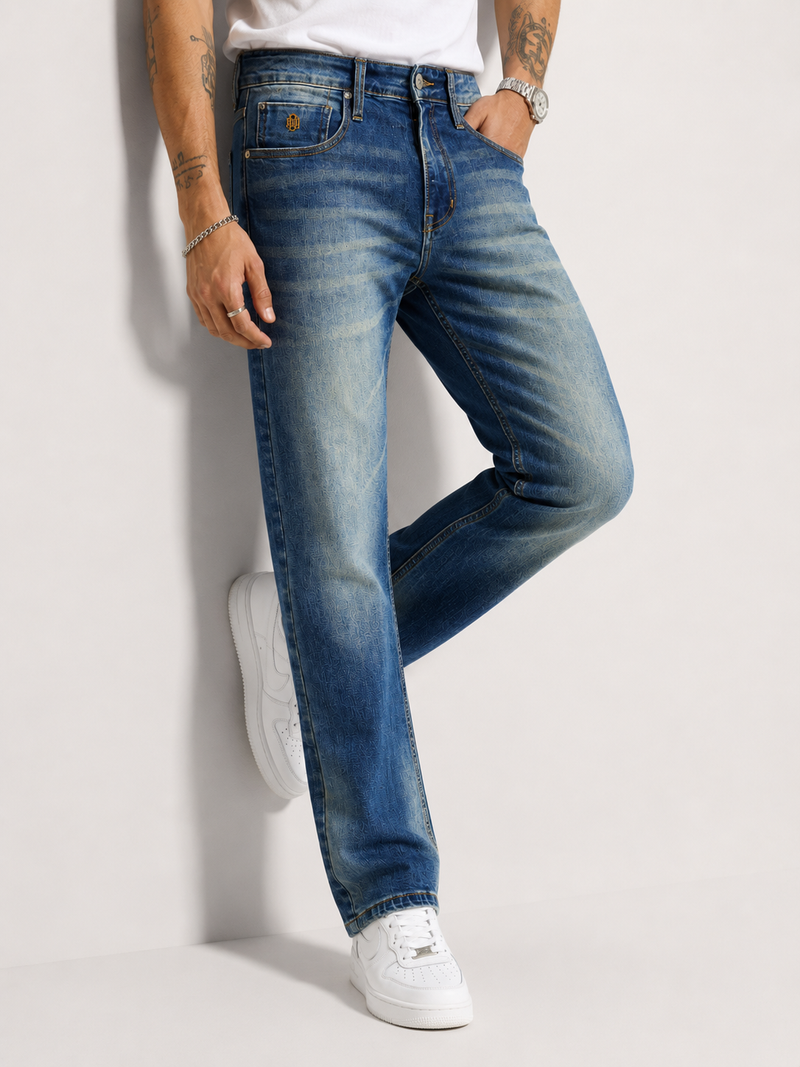 Mid-Blue Vintage Faded Straight Fit Denim Jeans | Premium Casuals