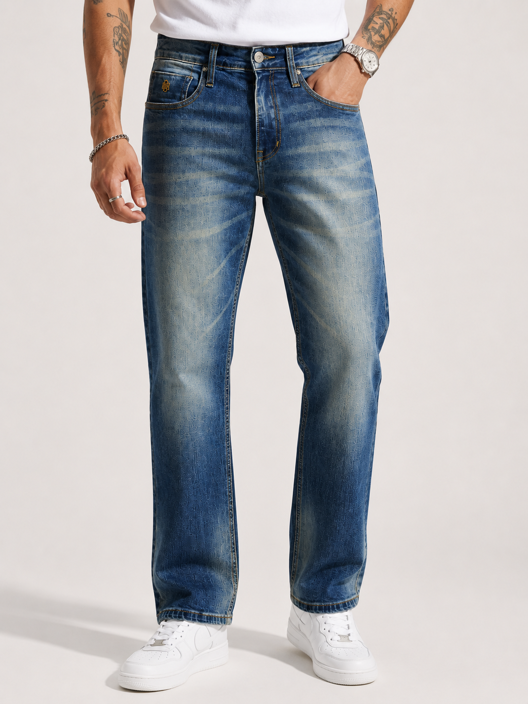Mid-Blue Vintage Faded Straight Fit Denim Jeans | Premium Casuals