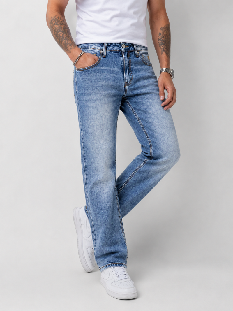 Light Blue Laser Textured Straight Fit Denim Jeans | Premium Menswear