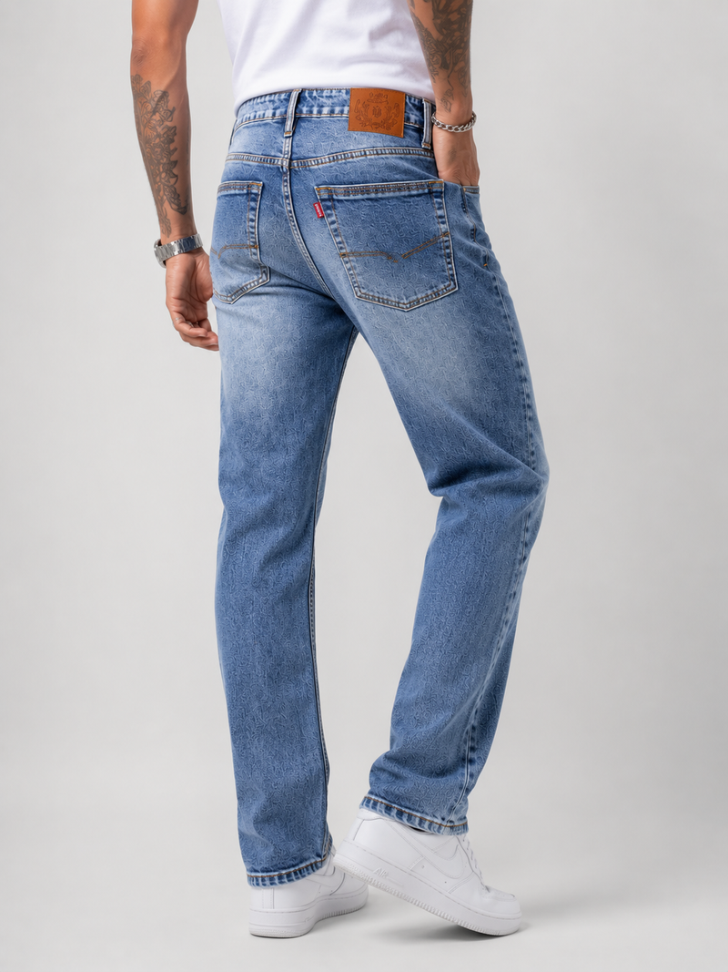 Light Blue Laser Textured Straight Fit Denim Jeans | Premium Menswear
