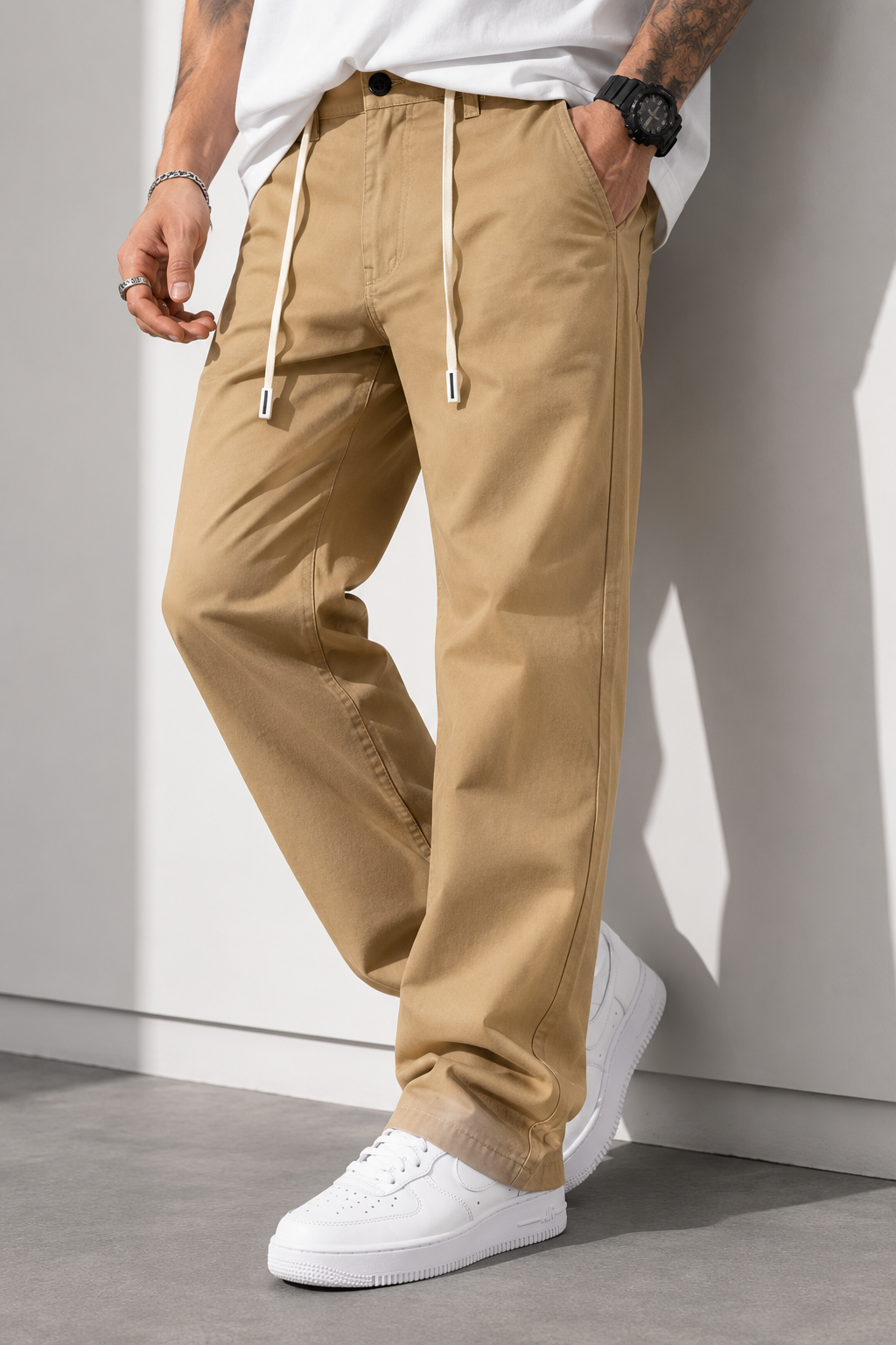 Straight Fit Drawstring Cotton Trousers