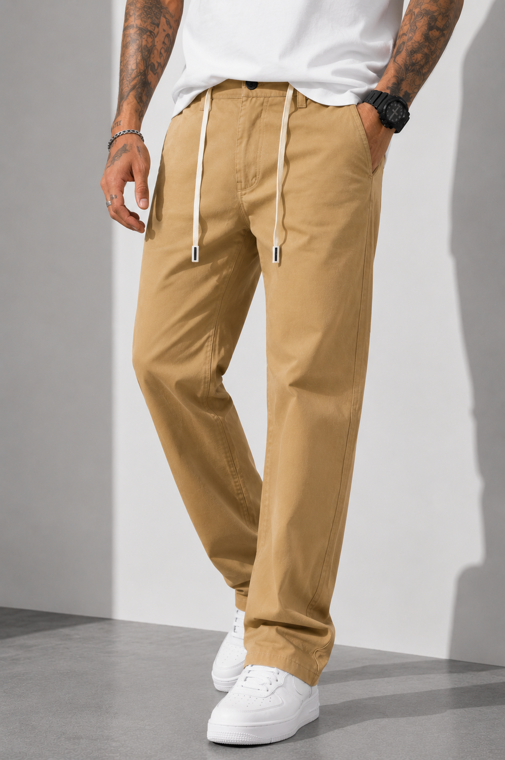 Straight Fit Drawstring Cotton Trousers