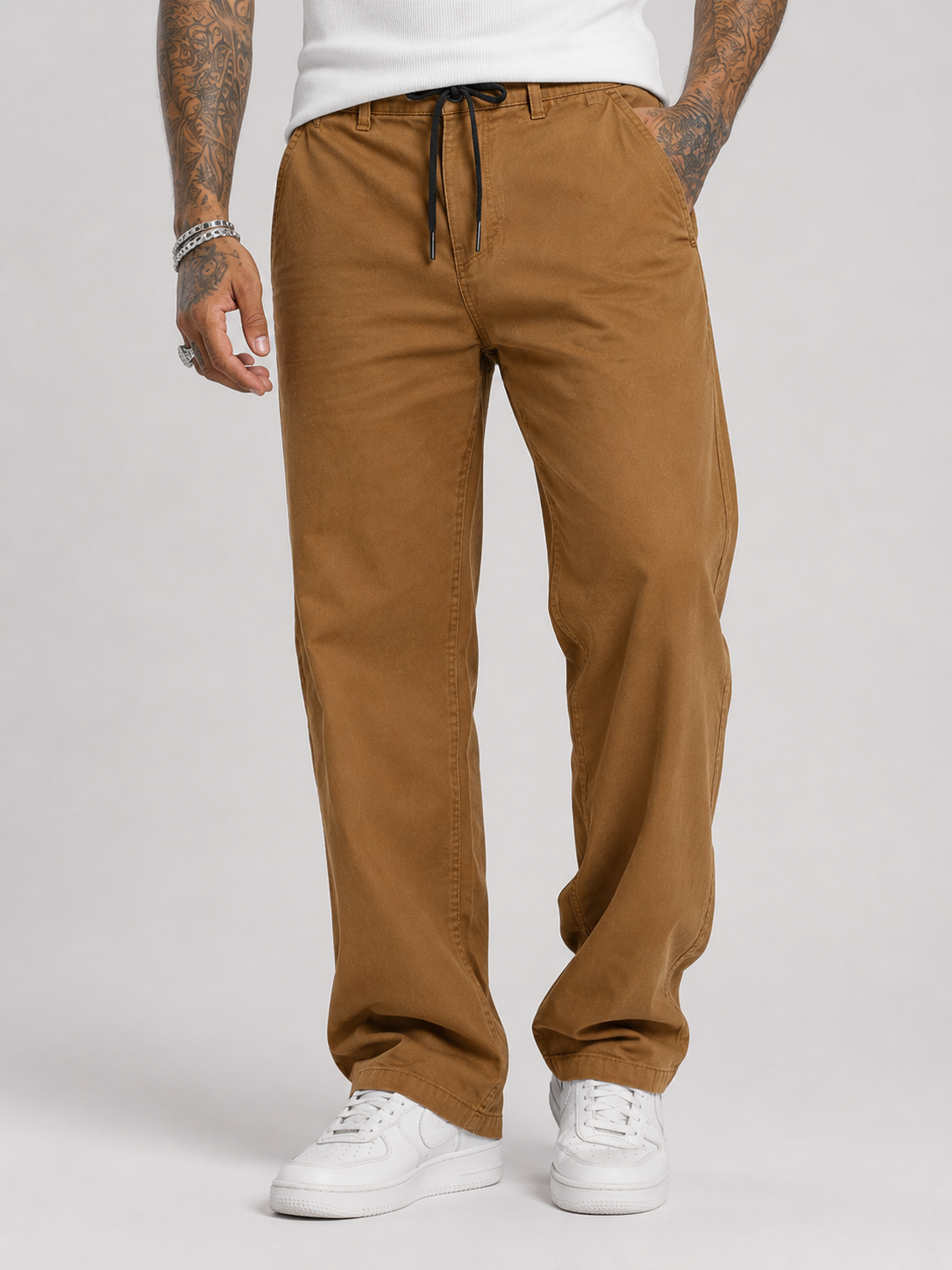 Straight Fit Drawstring Cotton Trousers