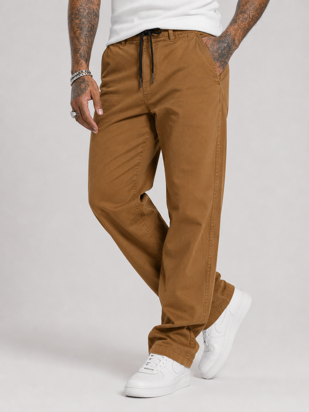 Straight Fit Drawstring Cotton Trousers