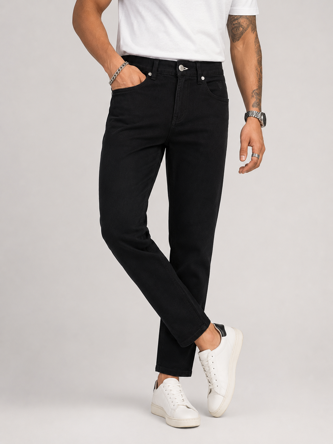 Jet Black Ankle Length Jeans for Men | Sleek Minimalist Denim