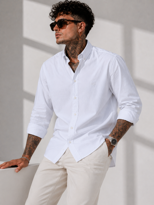 Old Money Textured White Oxford Shirt with Tonal Monogram