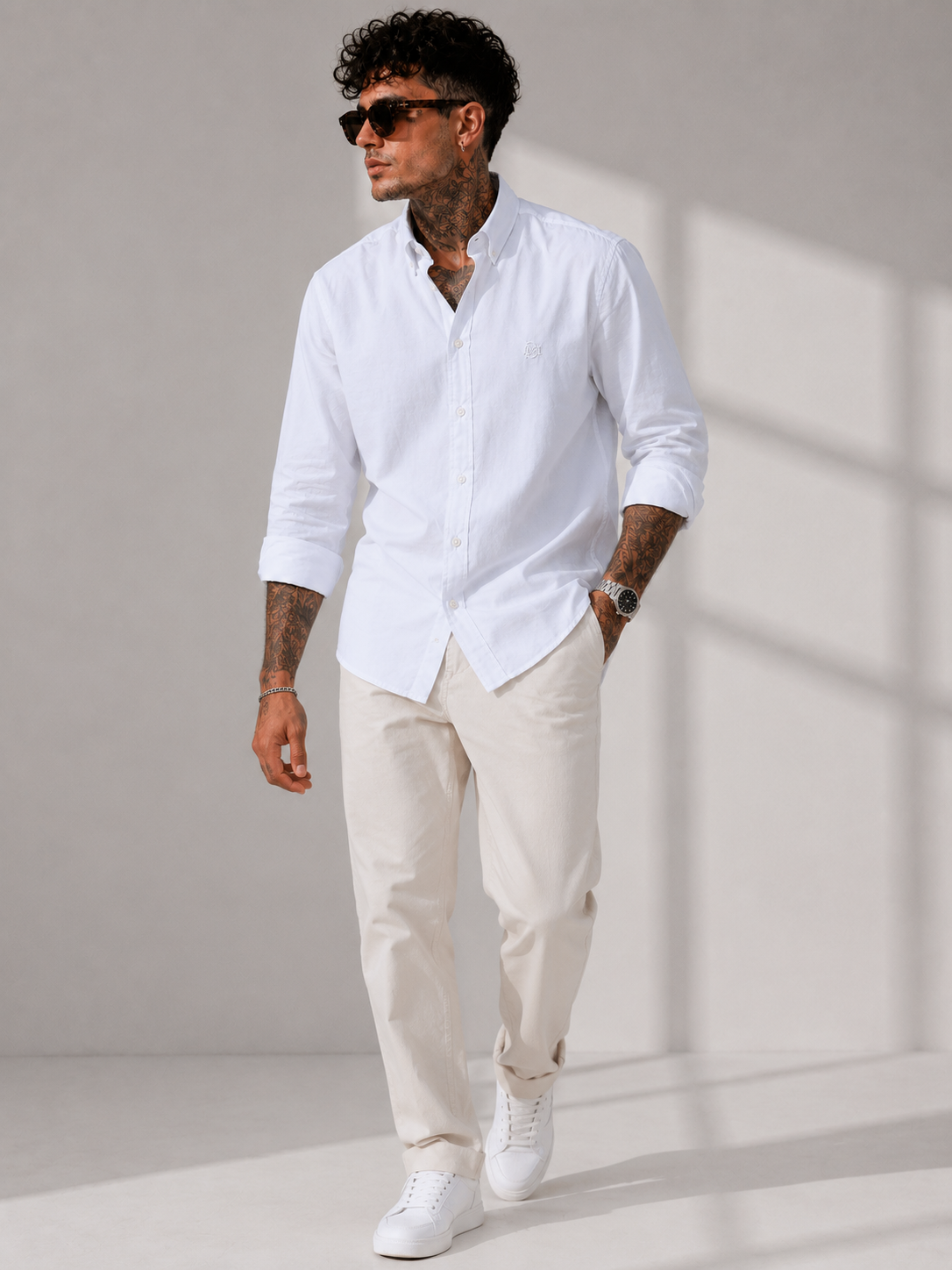 Old Money Textured White Oxford Shirt with Tonal Monogram