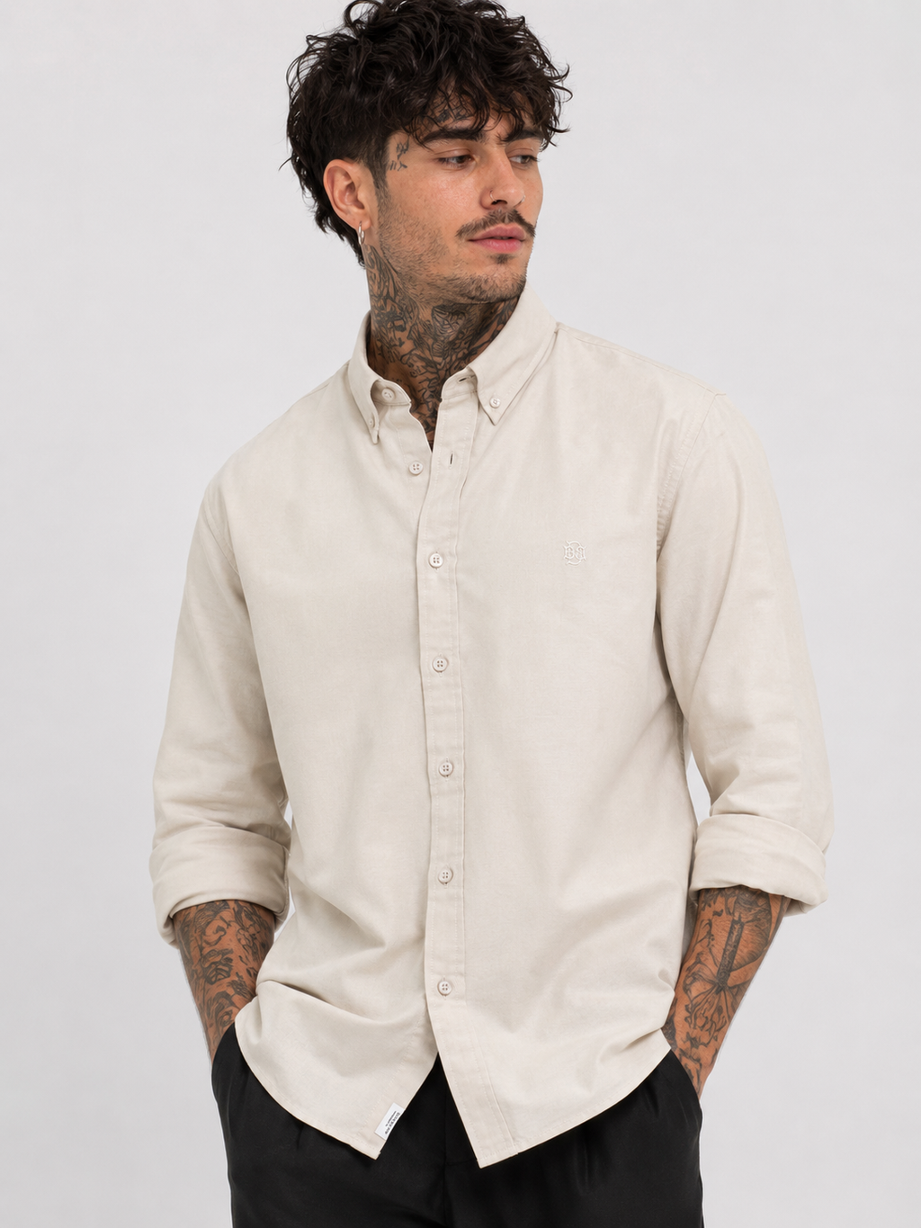Textured oxford shirt, cream button-up collar with tonal monogram detail