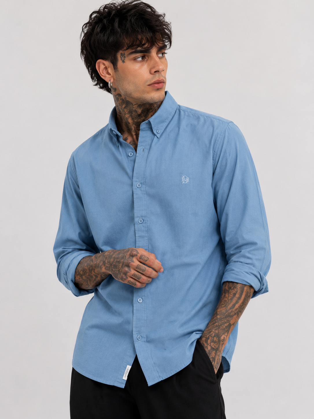 Indigo-Blue Textured Oxford Shirt with Tonal Monogram