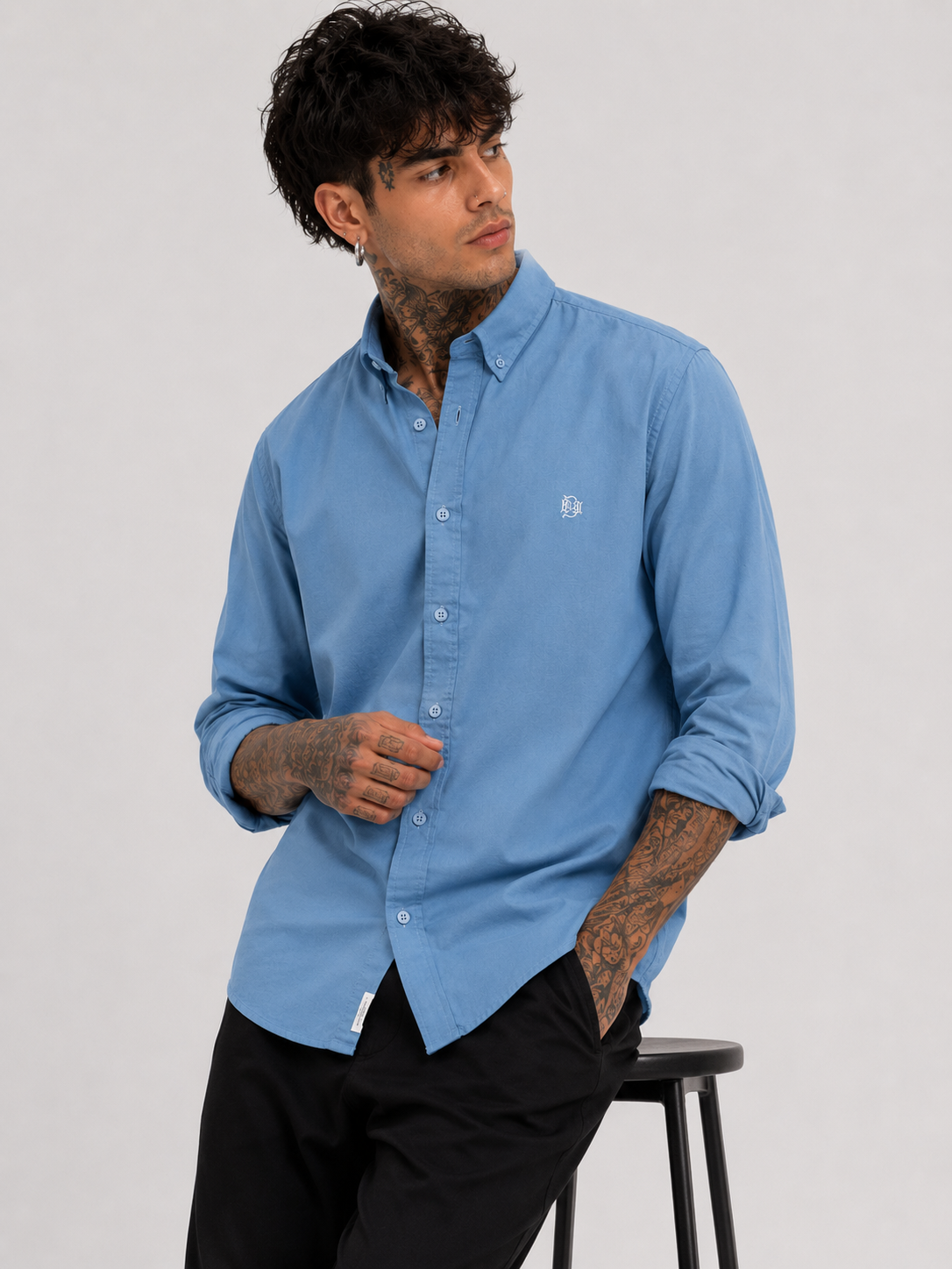 Indigo-Blue Textured Oxford Shirt with Tonal Monogram